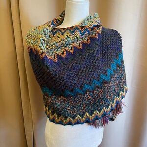 Hand Knit Multicolored Tassel Bohemian Shawl, Cape, Wrap One Size